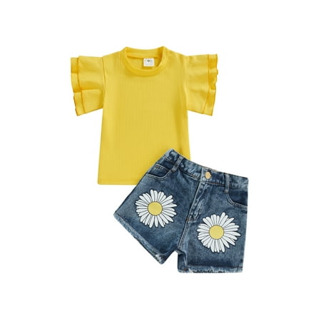 

Suanret Toddlers Girls 2PCS Summer Pants Suit Infants Yellow Round Neck Ribbed T-shirt and Daisy Print Short Jeans Yellow 2-3 Years