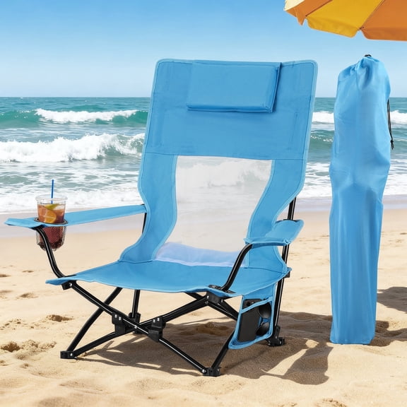 Coliware High Back Folding Beach Chair, Sky Blue Compact Lightweight Camping Chair with Carry Bag Cup Holder Snap-On Headrest, Outdoor & Fishing Sports Travel Chair for Adults
