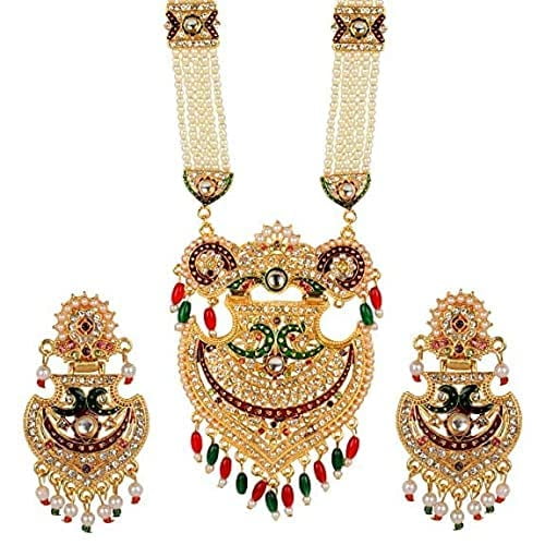 Artificial Jadau Jewellery Rajputana Rajasthani Antique Traditional Style Ethnic Wear Gold Plated Pendant Pearl Beaded Rani Haar Necklace set Earring(MIBDDHRS9190E5MOUCHMLTICPY1)