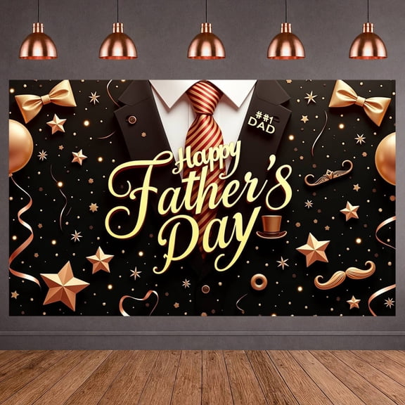 Black & Gold Happy Father's Day Banner Formal Suit Design Dad Celebration Backdrop Striped Tie Golden Star Decor Father's Day Background for Father's Day Celebration Family Dinner Home Party