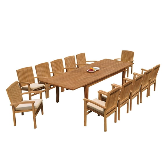 Grade-A Teak Dining Set: 12 Seater 13 Pc: 122" Atnas Rectangle Table And 12 Wave Stacking Arm Chairs Outdoor Patio WholesaleTeak #51WV2813