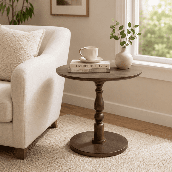 Homy Casa Round Side Table, 23.22 in Small Pedestal End Table for Living Room Bedroom, Walnut