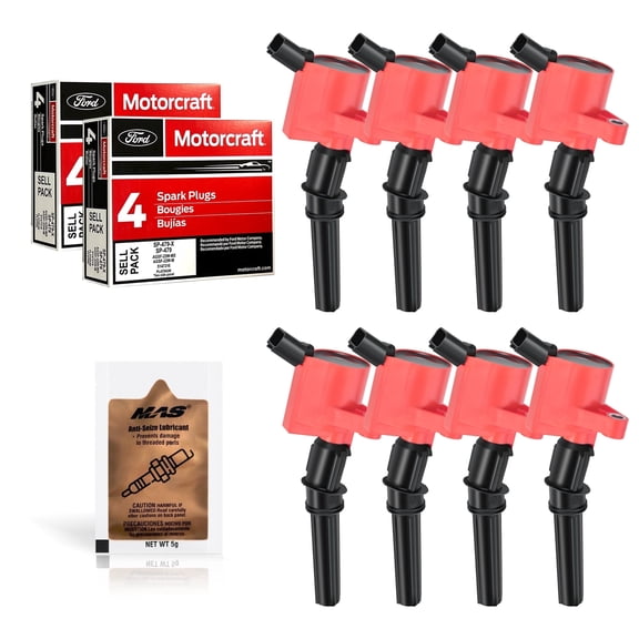 Set of 8 Red DG508 Ignition Coil & Motorcraft Spark Plug SP479 for Ford F-150 F-250 Crown Victoria Expedition Mustang Lincoln Mercury Explorer 4.6L 5.4L V8 & Free Gift Anti-Seize Lubricant(5g)