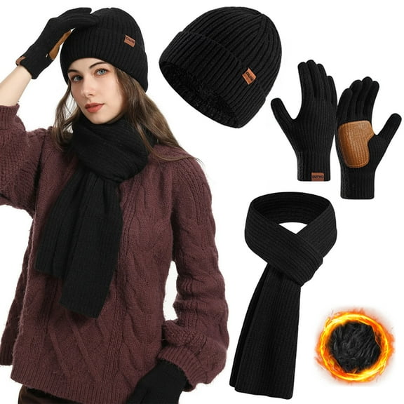 Square Black Winter Beanie Scarf Gloves Set, Warm Fleece Lined Long Knit Scarf Touchscreen Gloves for Cold Weather