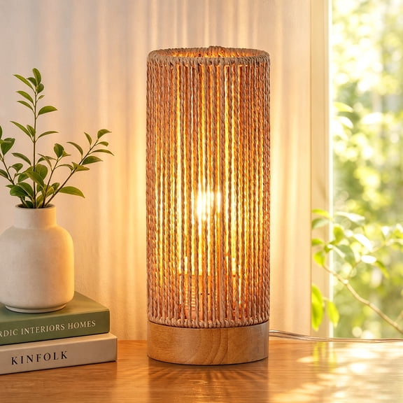 EDISHINE 9.84" Rattan Table Lamp, Rosewood Color Wood Base, Cylindrical Vertical Rope-Woven Shade, Minimalist Night Stand Lamp for Bedroom, Kids Room, Living Room, Dormitory, E26 Socket