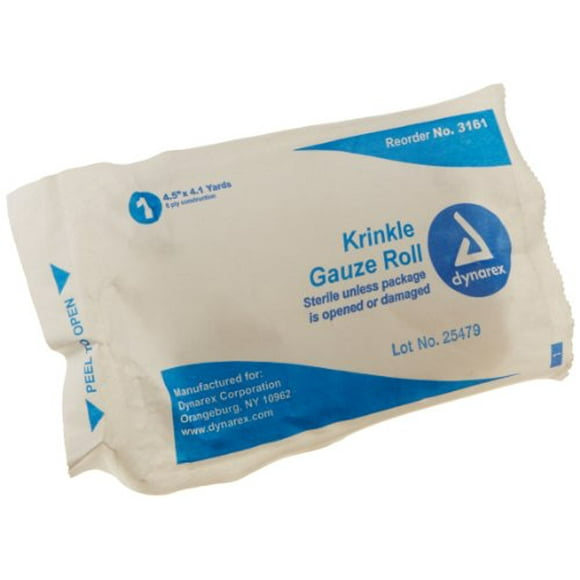 Dynarex 2539 Rouleau de Bandage en Gaze Volumineuse Ondulée Stérile, 6 Plis, Longueur 4,1 Yd x Largeur 4-1/2 Pouces