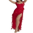 thumbnail image 2 of POINTERTECK Women High Side Split Mesh Sheer Long Dress Sleeveless Ruffles Strappy Irregular Hem Cocktail Midi Dresses Red M, 2 of 8