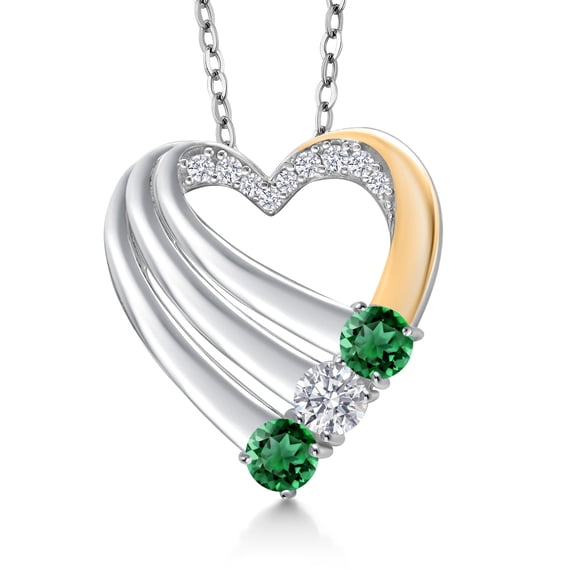 Gem Stone King 925 Silver and 10K Yellow Gold Green Nano Emerald and White Lab Grown Diamond Heart Pendant for Women | 0.97 Cttw | Gemstone May Birthstone | With 18 inch Chain