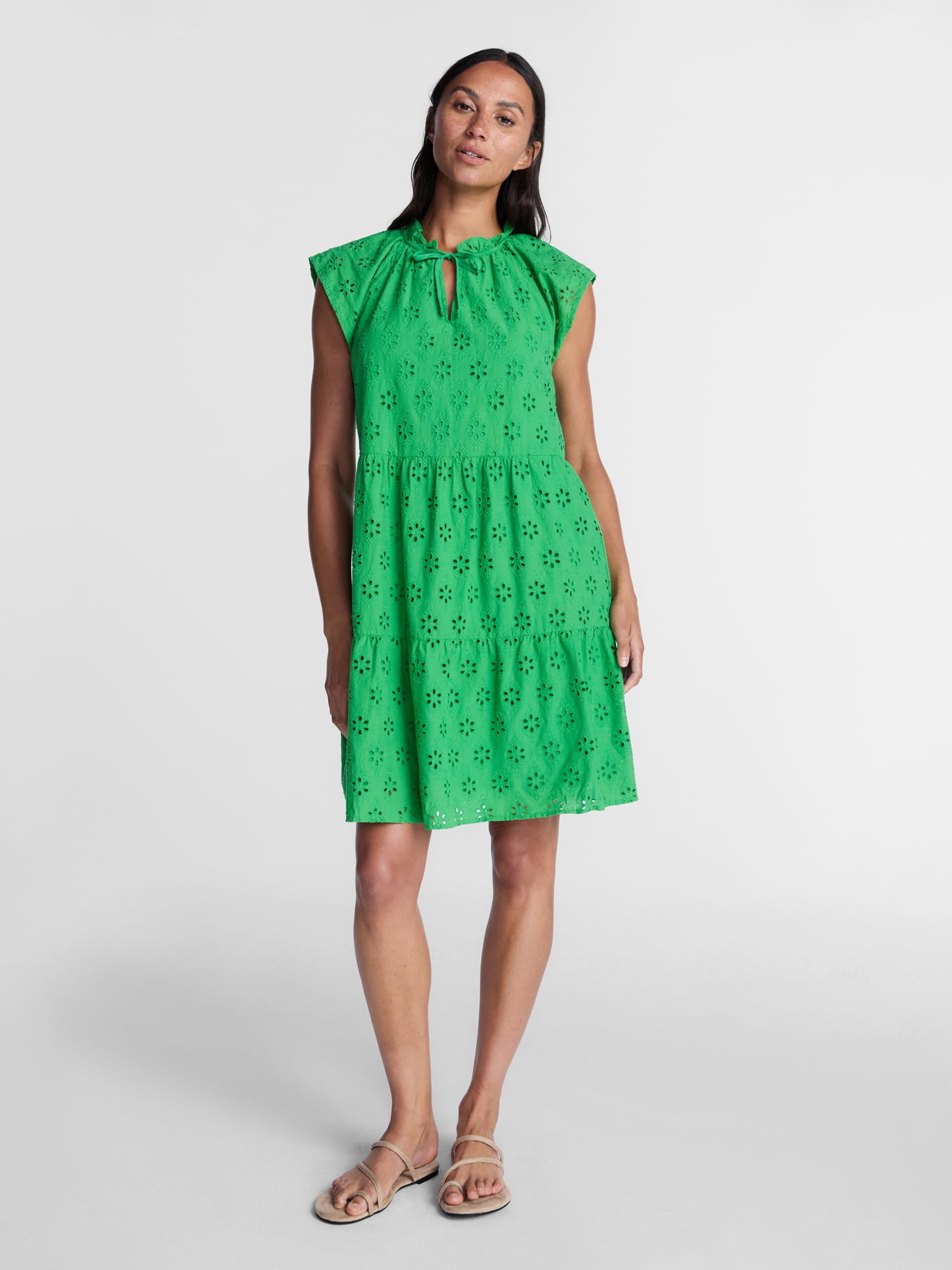 Time and Tru Women's Tiered Cotton Eyelet Mini Dress with Flutter Sleeves, Sizes XS-XXXL