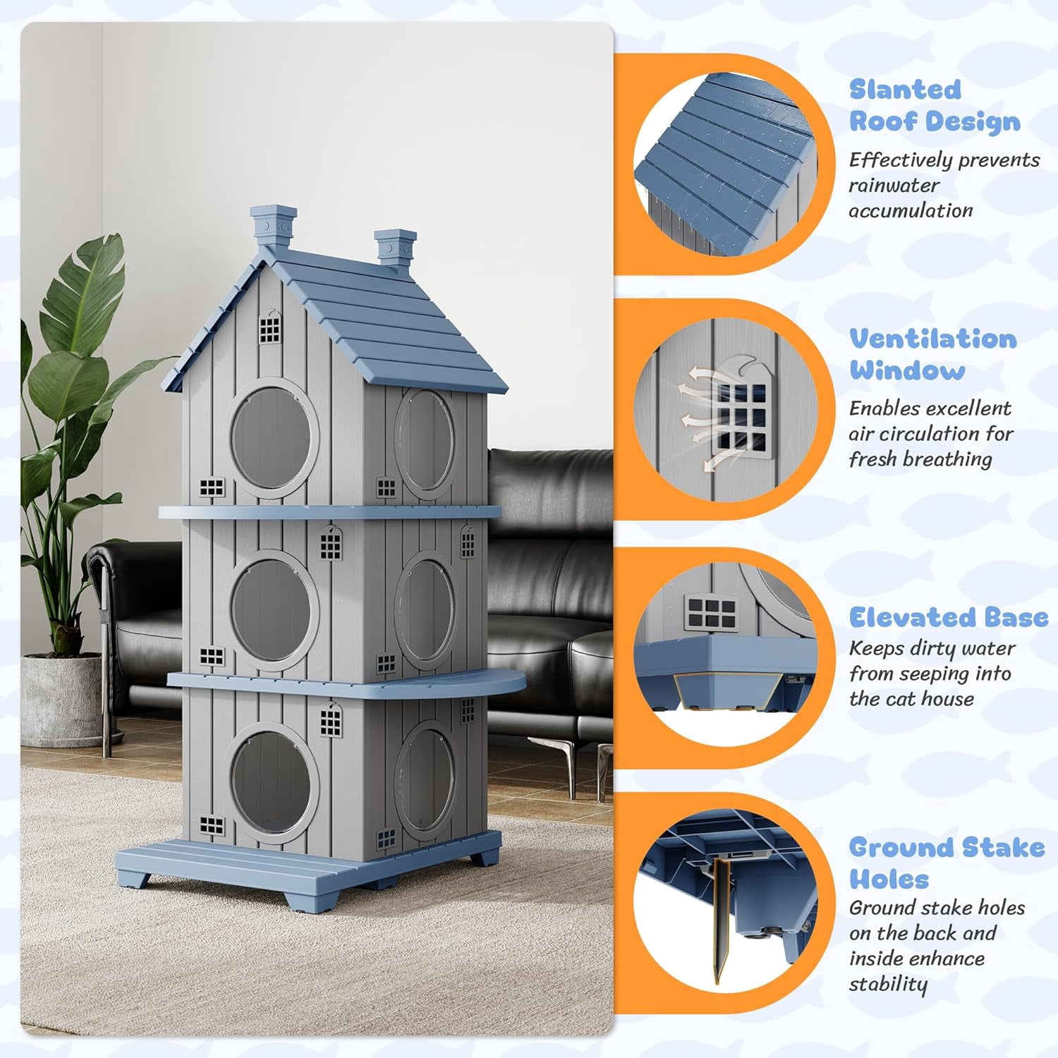 FICARTS Indoor/Outdoor Cat House, Weather-Resistant Pet Shelter with Elevated Base, Multi-Entry Cat Cottage for Feral & Household Cats