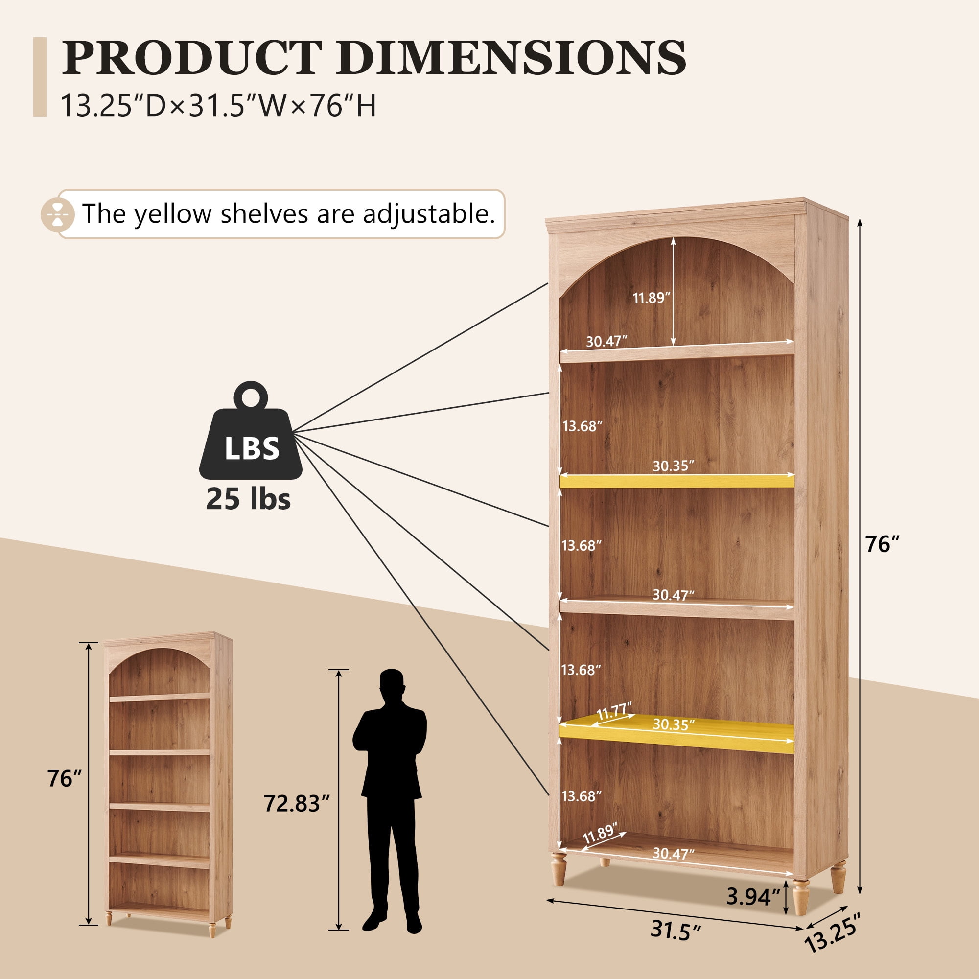 SinCiDo Tall Arched Bathroom Storage Cabinet with Adjustable Shelves, 5-Tier Bathroom Cabinet for Bathroom, Kitchen, Living Room, Natural