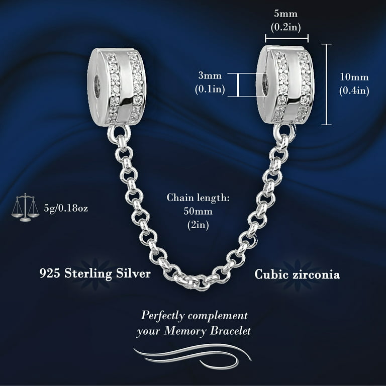 Safety Chain Charm with Cubic Zirconia Stones for Snake Chain Bracelets -  Solid 925 Sterling Silver Stopper Charm with 2 in. Protection Chain -  Jewelry Gift for Women 