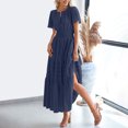 thumbnail image 6 of Qiopertar Women's V-Neck Short Sleeve Midi Dress Pleated Boho Beach Casual Summer Vacation Elastic Waist Pockets Solid Color Dresses, Navy L, 6 of 7