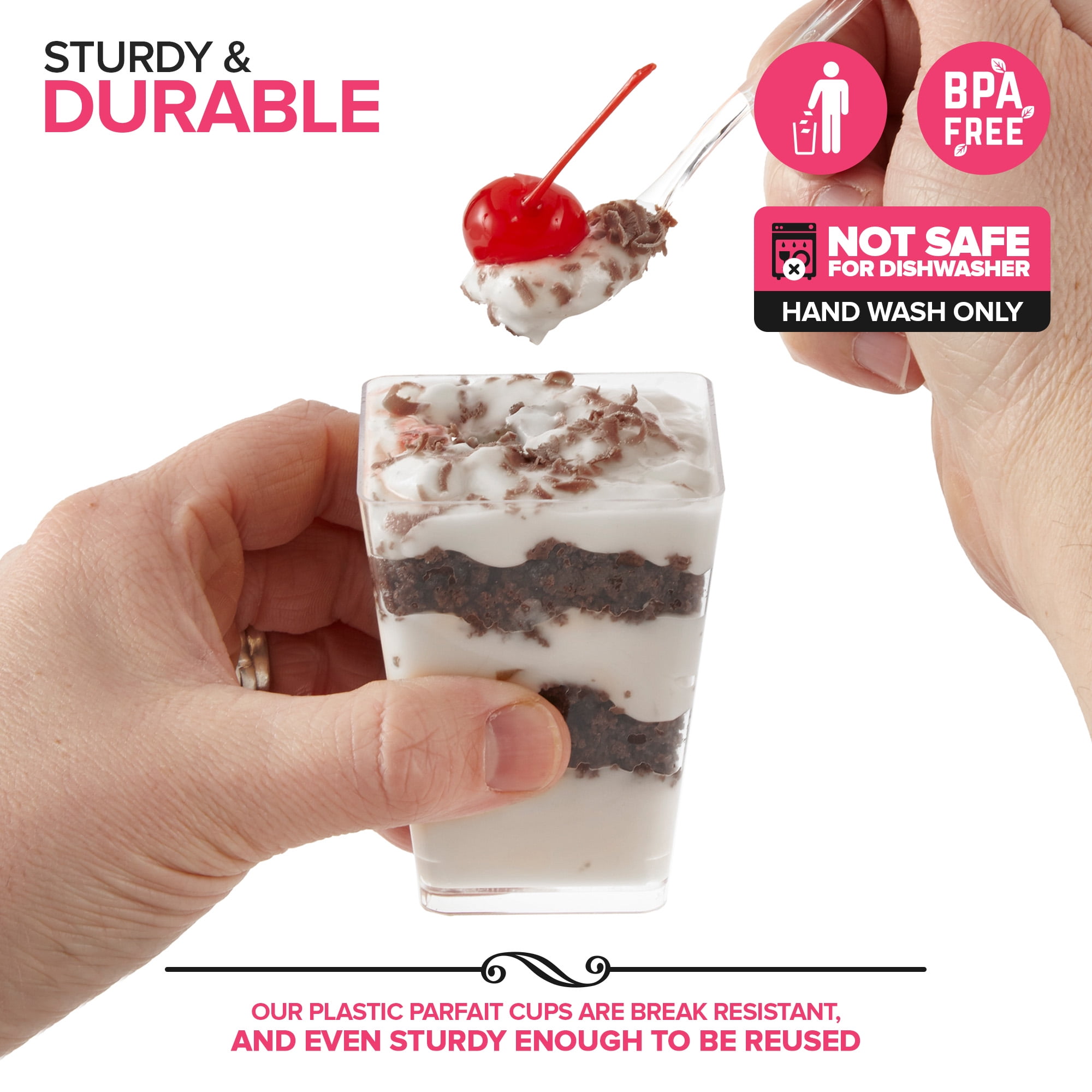 100 Pack 5 oz Elegant Mini Clear Plastic Dessert Cups with Lids and Spoons Square Parfait Cup w/Lid for Small Individual Desserts, Pudding Shooters, Appetizers, Trifle Shooter