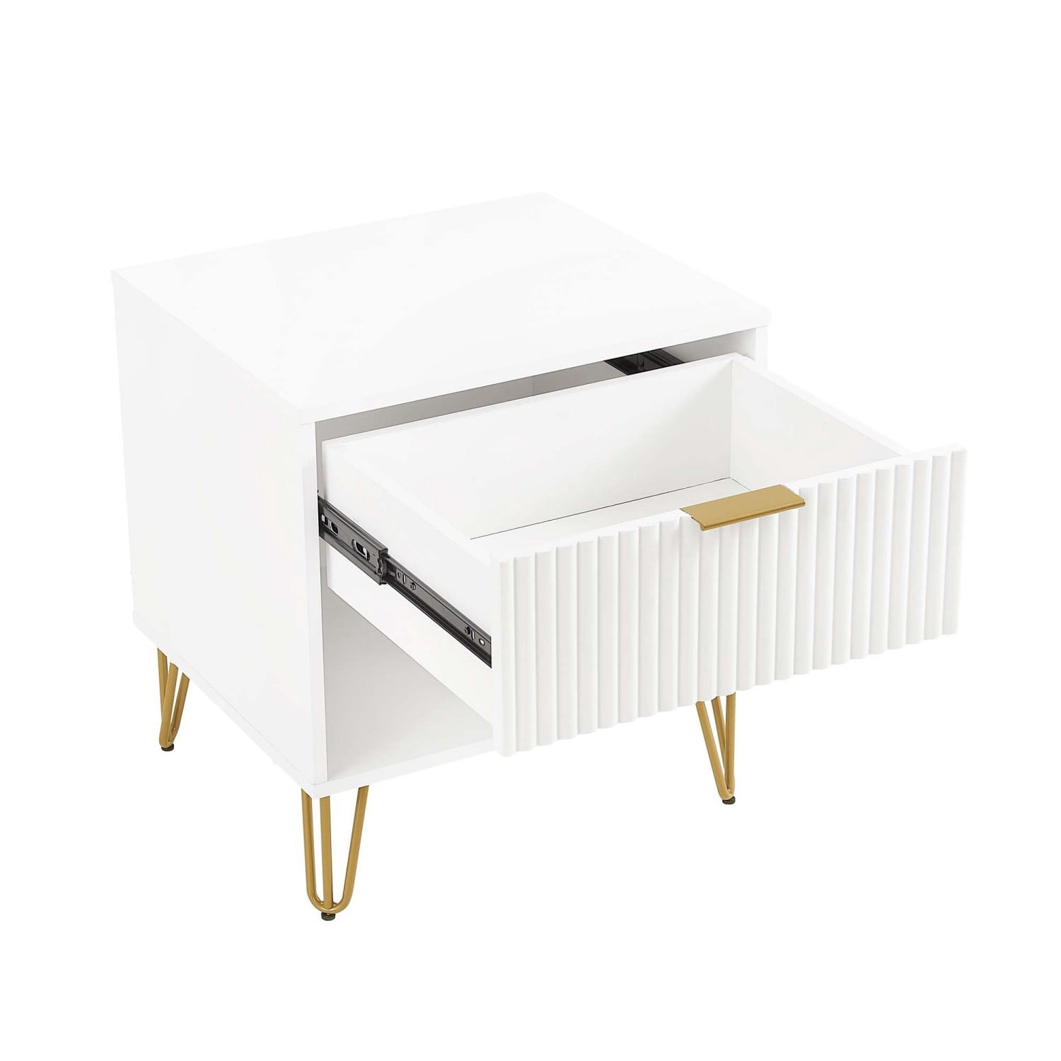 Nightstand, Modern Glam Bedside Table with 1 Drawer, Vertical Ribbed Texture, Gold Handle and Splayed Metal Legs, Storage End Table for Bedroom Living Room, White