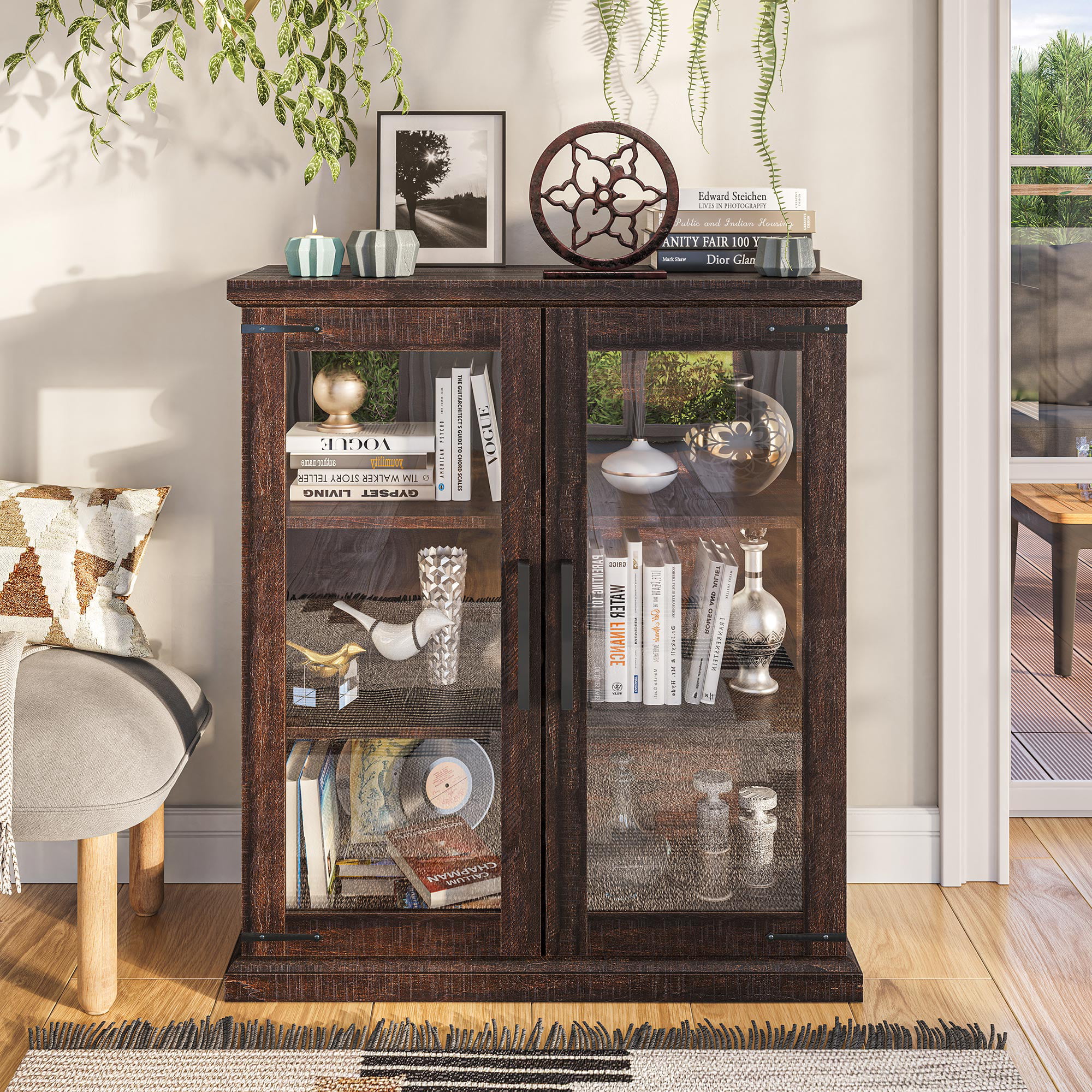 BELLEZE Storage Cabinet, Tall Bookshelf or Display Cabinet For Living Room  Bedroom, Curio Cabinet with Tempered Glass Doors, Trophy Display Case