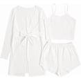 thumbnail image 1 of Conjunto de pijama de 3 piezas para mujer, camiseta de punto acanalado, pantalones cortos, ropa de dormir suave con bata y cárdigan, 1 of 5