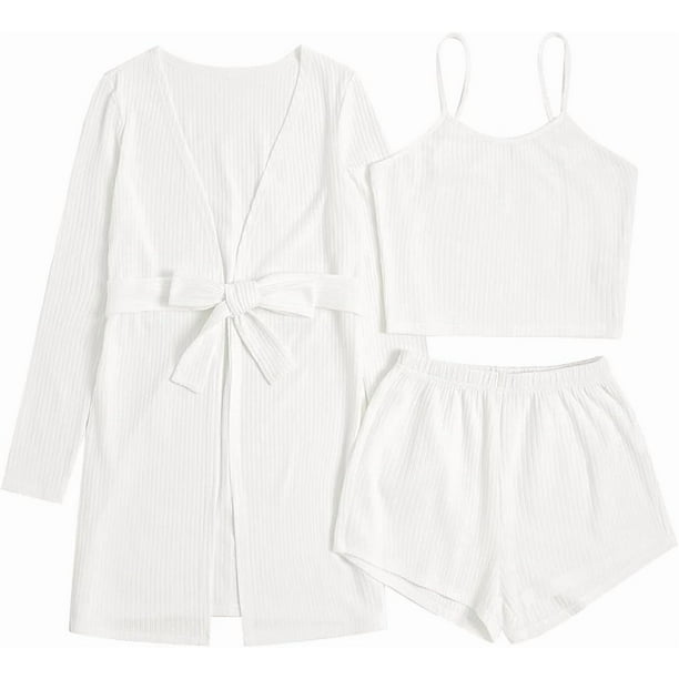 Conjunto de pijama de 3 piezas para mujer, camiseta de punto acanalado, pantalones cortos, ropa de dormir suave con bata y cárdigan