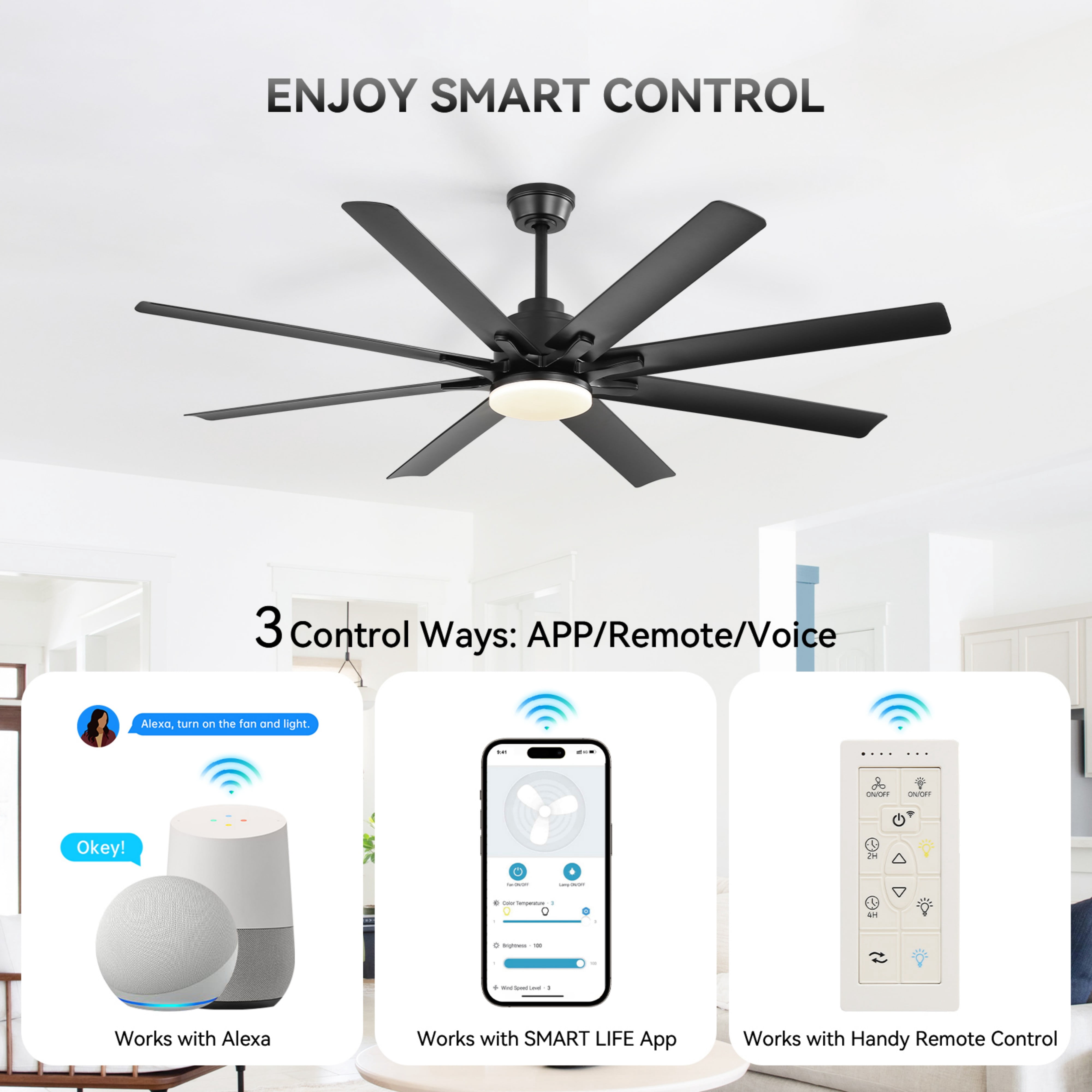 Sofucor 52" Modern Black Ceiling Fan with Light ,Phone APP and Remote,Voice Control