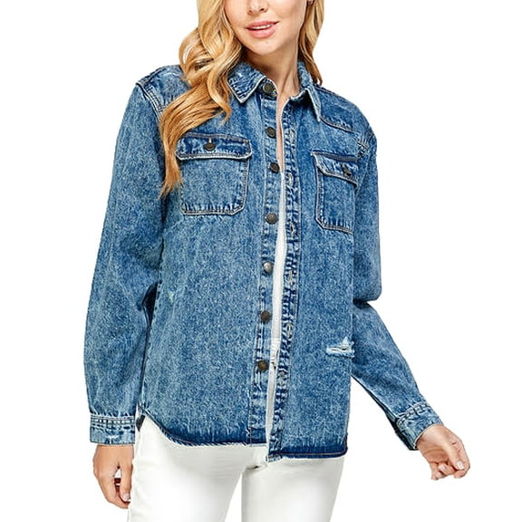 Women's Oversized Cotton Long Sleeve Distressed Denim Jean Button Down Shirt (Medium Blue, S)