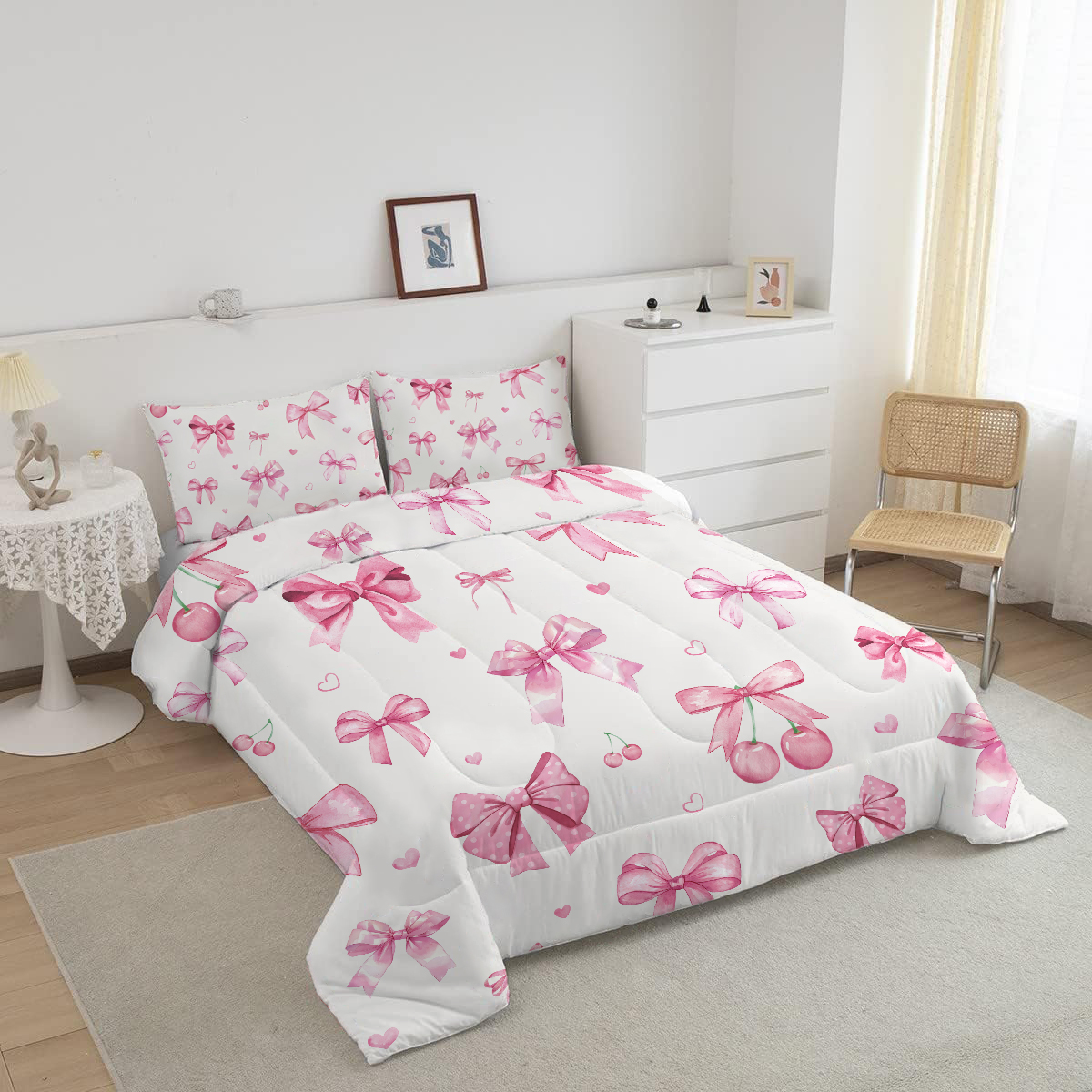 JJCOITR Twin-Size Pink Bedding Set with Cherry & Bowknot Pattern, Cheerful Design, Suitable for Boys, Girls & Teens (Including Quilt)
