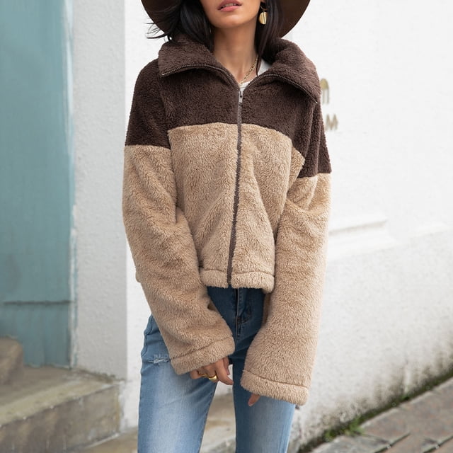 Puntoco Abrigo a juego de colores con cremallera de felpa de manga larga acolchado a la moda para mujer Puntoco Puntoco-1