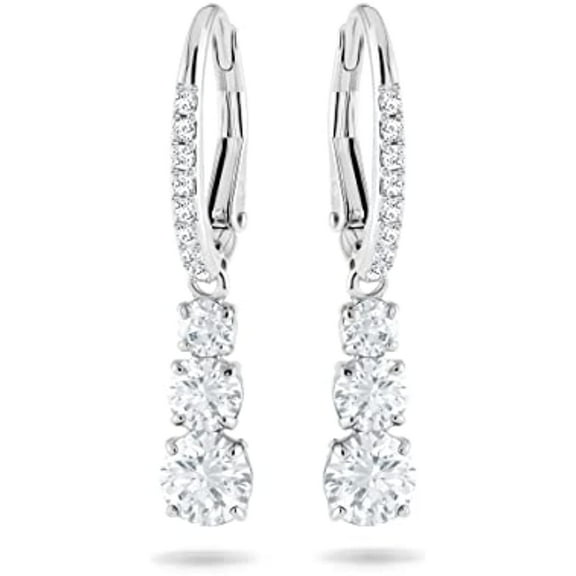 Swarovski Attract Trilogy Drop Pierced Earrings with White Crystals on a Rhodium Plated Setting with Hinged Closure, 1 1/8 inches