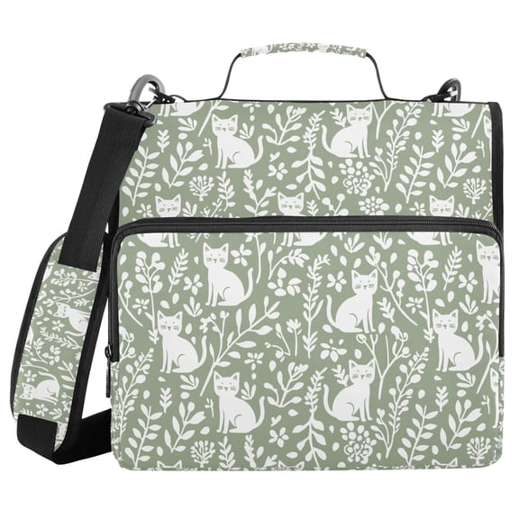 FORMRS Zipper Binder with Shoulder Strap 2-inch Ring 500 Sheet Capacity File Bag, Green Floral Cat Pattern