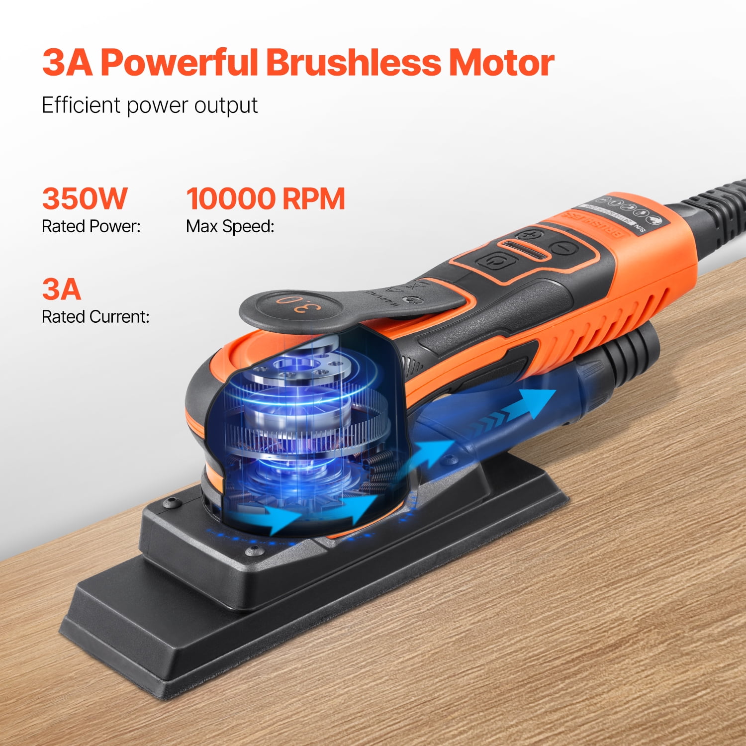 KFFKFF Orbital Sander, 3/8 Sheet 3A EC Brushless Sander, Up to 10000RPM Adjustable Speed Sheet Polishing Sander with 10PCS Sanding Sheets and Dust Extraction Adapter for Carpentry