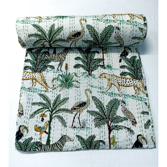 Vinsan International Indian Handmade Cotton Kantha Quilt Tribal Bed Cover Bedspread Blanket Picnic Throw Coverlet Reverisble Bed Throw Queen Size 90" x 108"