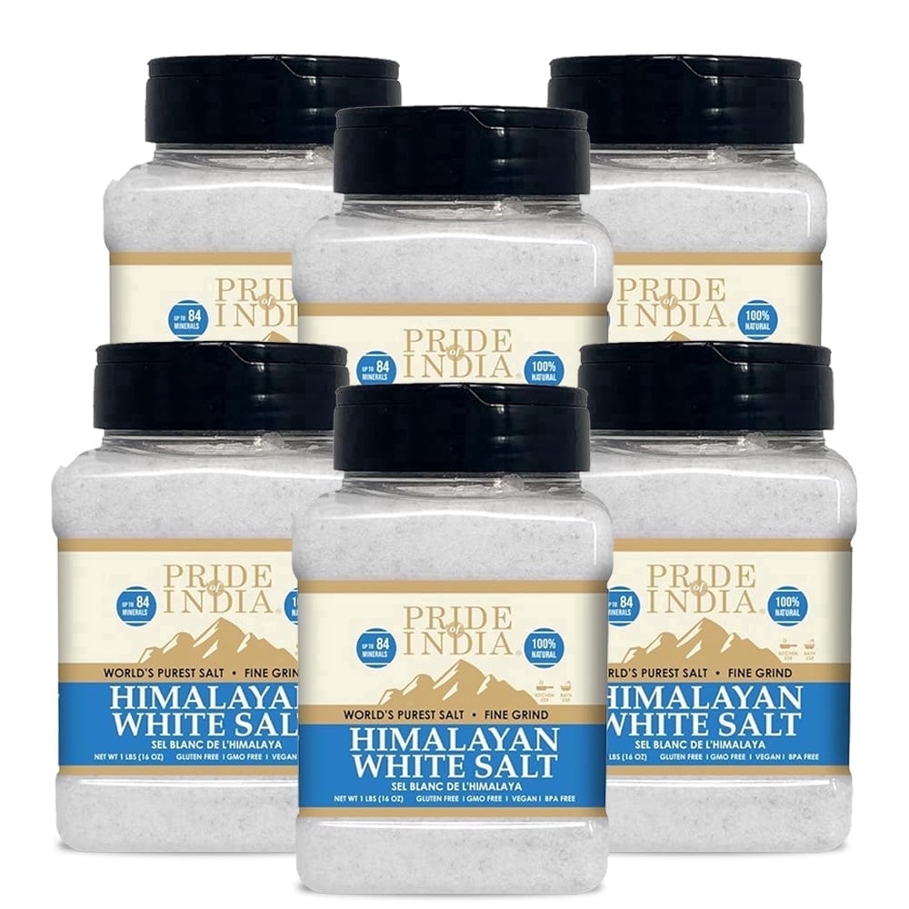 Pride of India - Pack of 6 - Himalayan White Salt, Fine, 1 lb, Natural Rock Salt, Gluten-Free, Vegan, Non-Bioengineered
