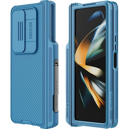 CamShield Pro for Samsung Galaxy Z Fold 4 Case with S Pen Holder & Slide Camera Cover [Creative Hinge Protection][Hidden Kickstand] Protective Phone Case for Galaxy Z Fold 4 Case - Blue