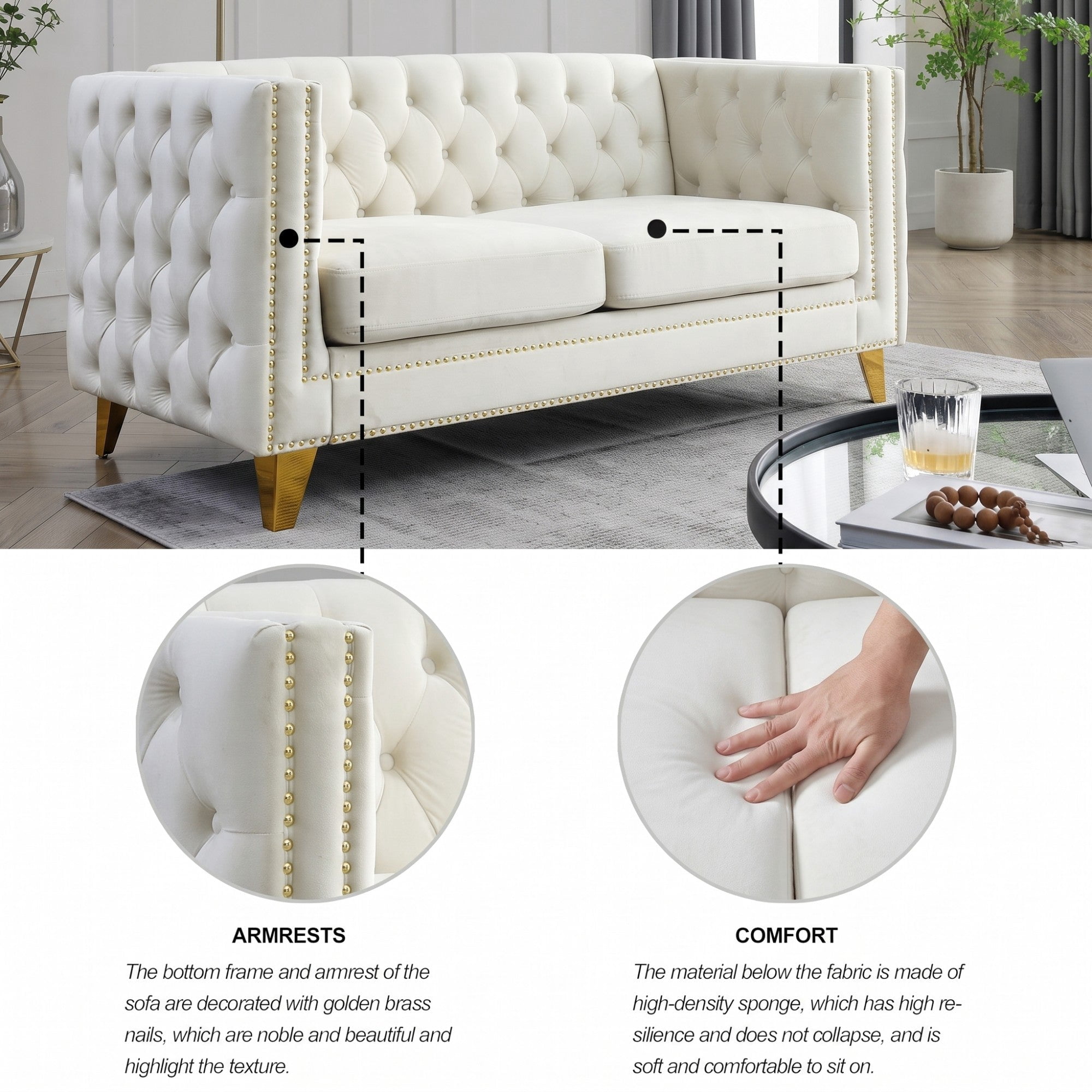 Sailvan 82" Velvet Chesterfield Sofa, Tufted Button Couch with Gold Metal Legs & Nailhead Trim, Modern 2-Seater with Unique Charm Loop Beige