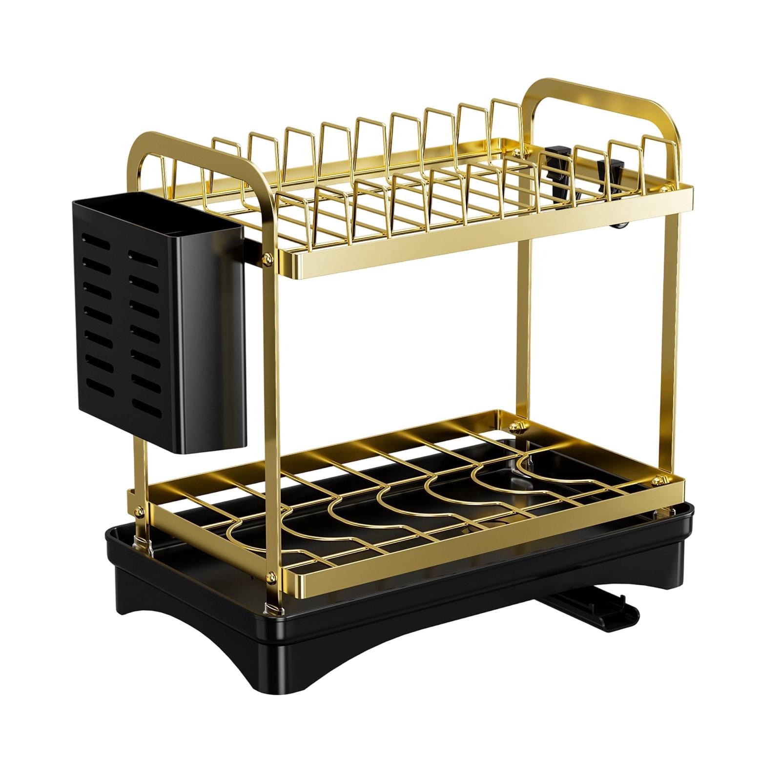 Fiocias 2 Layer Kitchen Dish Drying Rack Space Saving Carbon Steel Drainer with Tray for Gold