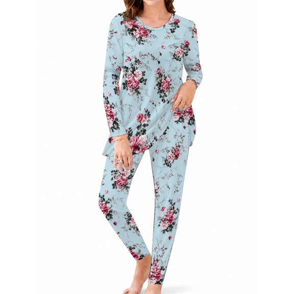 Women's Milk Silk Sleepwear Long Sleeve Pajama Set Sky Blue Vintage Rose 2 Piece Loungewear