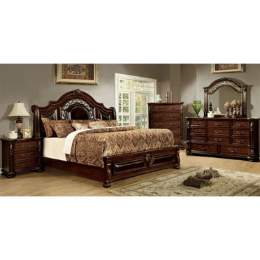 Traditional Brown Cherry Finish 6pc Set King Size Bed Dresser Mirror Nightstands Chest Bedroom