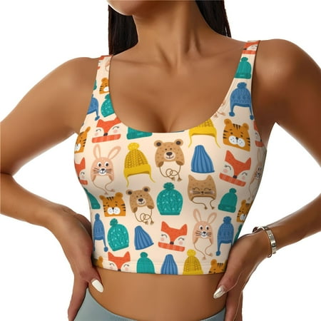 Adobk Small Animals with Knit Hat Pattern Print Sports Bras for Women Longline Workout Crop Tank Tops Padded with Built in Shelf Padded Sports Bra-Medium