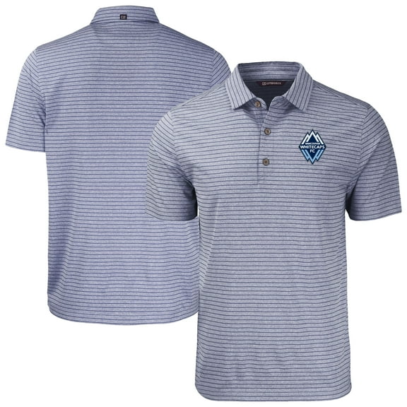 Men's-Cutter & Buck Heather Navy Vancouver Whitecaps FC Forge Eco Heather Stripe Stretch Recycled Tri-Blend Polo
