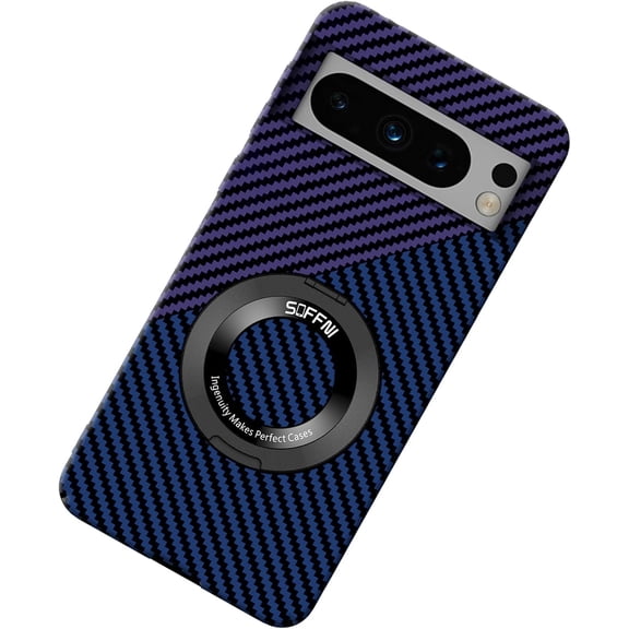 Magnetic Case for Google Pixel 9 Case with Kickstand & Ring Holder, [Compatible with MagSafe] Carbon Fiber Slim Ultra Aramid Fiber Anti-Scratch Shockproof Case, Blue&Purple