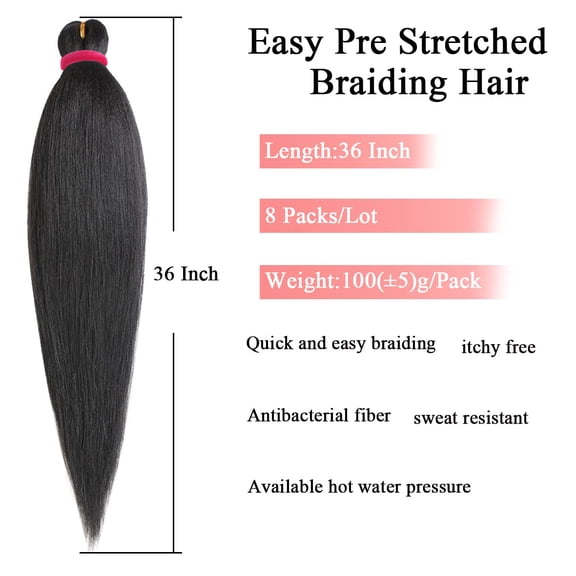 WEIF-Black Pre stretched Braiding 36 Inch 8 Packs Perm Yaki Hair Lot Hot Water Setting Synthetic Fiber Crochet Braids Crochet Hair Professional Braiding Hair Extension Passion Twist Braids(1B#)