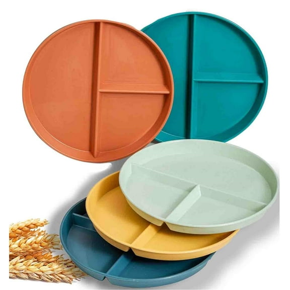 Unbreakable Divided Dinner Plate,Bexikou 5 Pack Wheat Straw Plates 9 Inch,Portion Control Plate Healthy Eating & Bariatric Diet Divided Plates,Dinner Diet Plates for Kids,Random Color