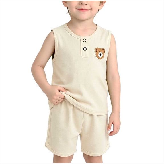 WRKEKC Boys 2 piece Outfits Kids Bear Embroidery Sleeveless Top and Shorts Set Casual Summer Outfit for Boys 0-8 Years
