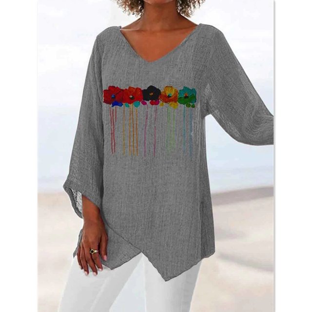 Camiseta de manga larga con estampado Floral para mujer, jersey de lino y algodón con cuello en V, blusa holgada informal para primavera y otoño, 2022