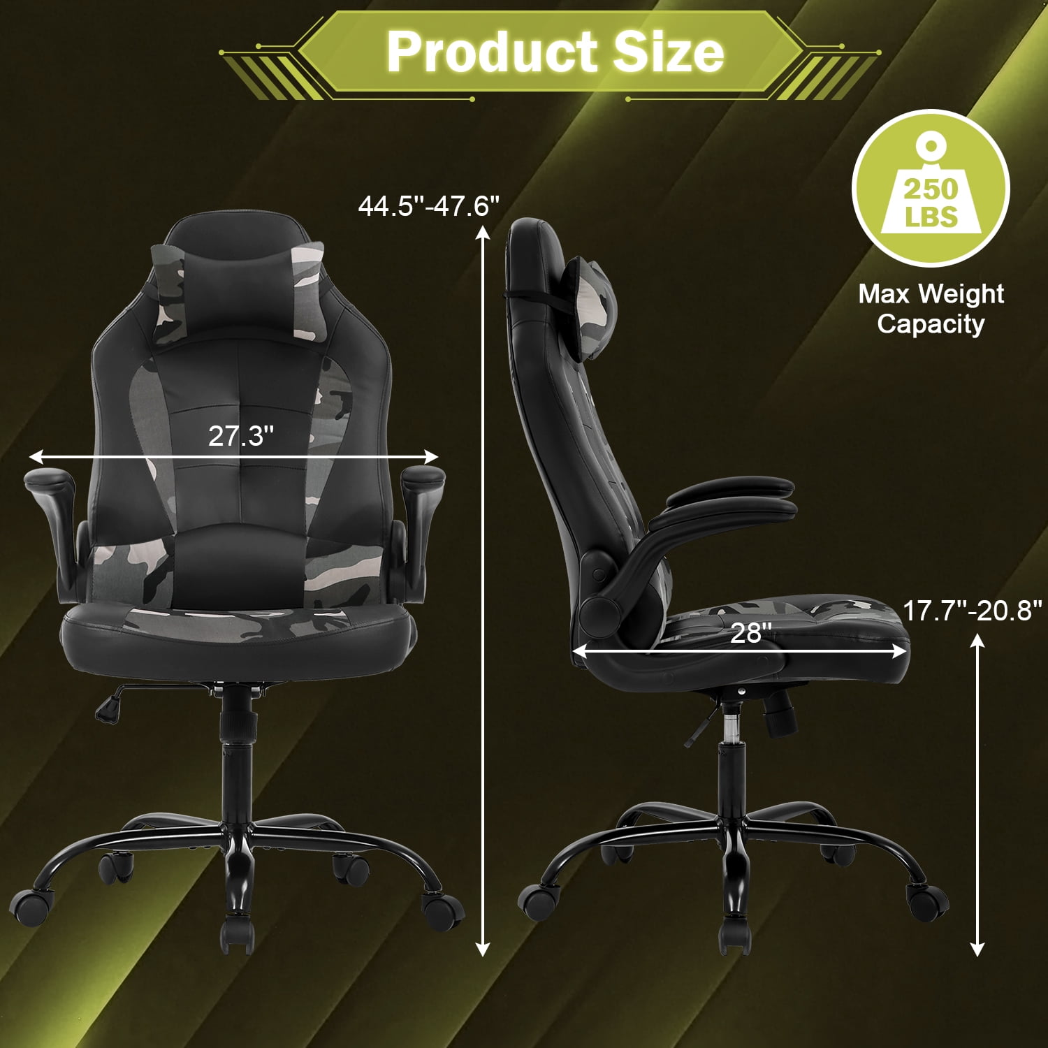 Video Game Chair High Back Gaming Chair PU Leather Racing Chair with Headrest Lumbar Support & Flip-up Arms , Adjustable Gamer Chair for Adults & Kids, Camo
