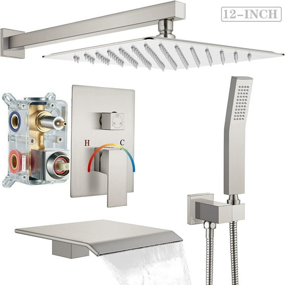 Zovajonia Shower System 12 Inches Shower Faucet Set, Rain Shower Head with Handheld Spray Bathroom Wall Mount Shower Fixtures with Tub Spout Brushed Nickel