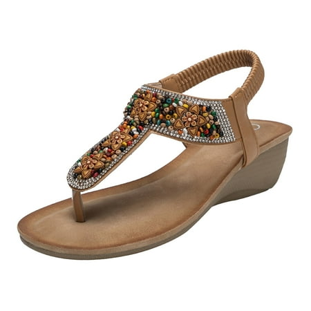 

Larisalt Sandals For Women Dressy Summer Women s Flat Sandals with Rhinestone Open Toe Elastic Slip On Slingback Comfort Casual Walking Sandals Khaki
