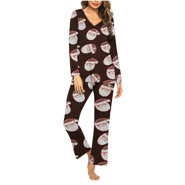Puntoco Pijama para mujer, conjunto de pijama informal con cuello en V y pantalones largos con estampado navideño