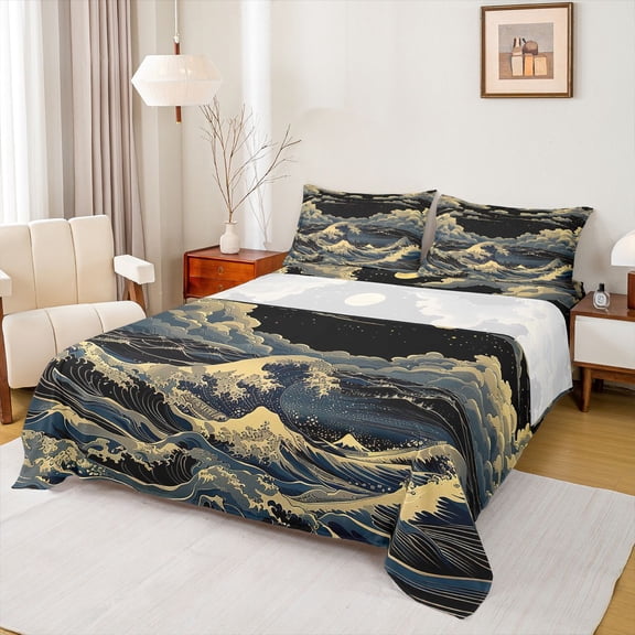 Feelyou Ocean Wave Teen Full Size Sheets, Vintage Japanese Theme Bed Sheets, 4-Piece