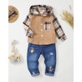 thumbnail image 2 of 12 Months Baby Boys Outfits 18 Months Boys Fall Winter Clothes Toddler Boys Long Sleeve Hooded Plaid Top Jeans Pants 2PCS Set Khaki, 2 of 8