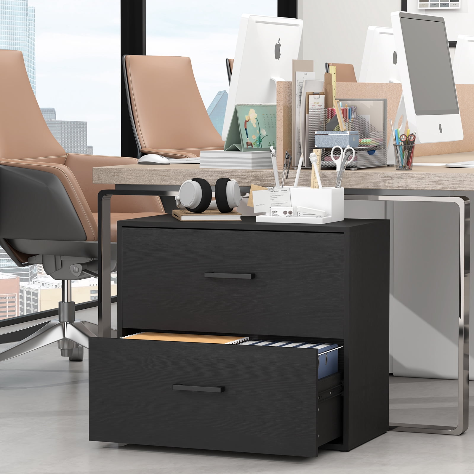 Marcree Lateral File Cabinet, Wood Black File Cabinet with Hanging Bars for Letters, Horizontal File Cabinets for Home Office, Black